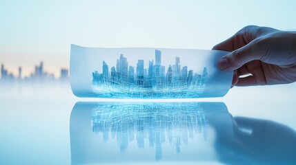 hand holding city development blueprint, urban skyline backdrop, focus on innovative construction, dynamic angle, isolated on white background