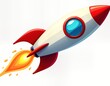 © Viktor - Cartoon rocket launching into space. Bright colorful rocket with red fins, orange fire trail. Rocket flying upward on white background. Fun, playful design suitable for children. Space exploration