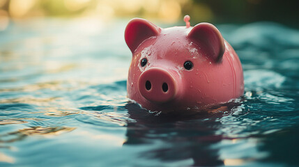 Wall Mural - Minimalistic pink piggy bank floating on water about to sink symbolizes investment failure financial risk debt problem budget issues bankruptcy economy crisis with blurred bright light tone

