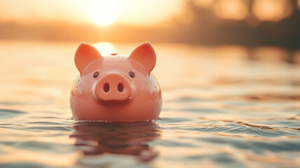 Wall Mural - Minimalistic pink piggy bank floating on water about to sink symbolizes investment failure financial risk debt problem budget issues bankruptcy economy crisis with blurred bright light tone

