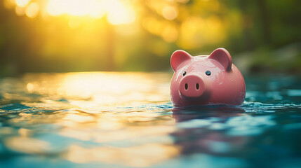 Wall Mural - Minimalistic pink piggy bank floating on water about to sink symbolizes investment failure financial risk debt problem budget issues bankruptcy economy crisis with blurred bright light tone

