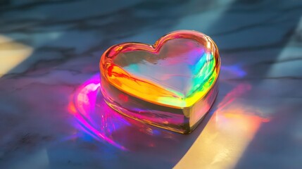 Poster - Glass heart reflecting rainbow light on marble.