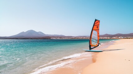 A windsurfer board resting on a sandy beach under a clear sky.