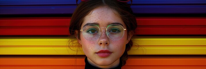 Wall Mural - Portrait of a young individual wearing glasses in front of a brightly colored striped background with red, orange, yellow, purple panels, showcasing an expression that captures attention and evokes