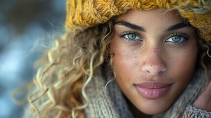 Wall Mural - Close-up portrait of a person wrapped in warm winter clothing, featuring a cozy yellow knit hat and a colorful woolen scarf against a soft, blurred background