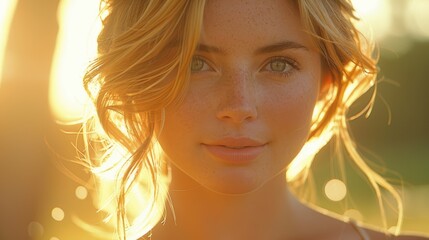 Wall Mural - Portrait of a Young Woman Bathed in Golden Sunlight: Capturing the Essence of Natural Beauty with Golden Hair Illuminated by Soft, Warm Sunbeam in an Outdoor Setting of Peaceful Bliss