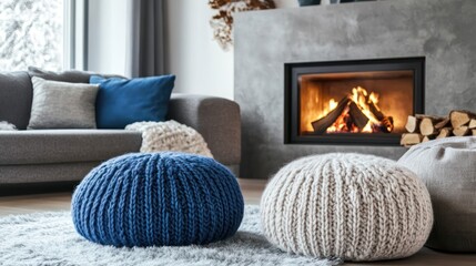 Wall Mural - Beige knitted poufs near grey sofa with blue background