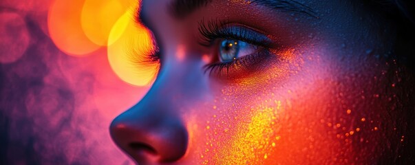 Wall Mural - Close-up of a Person's Face Illuminated with Vibrant, Multicolored Lighting Creating a Surreal and Striking Visual Effect Capturing Imagination