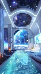 Wall Mural - interstellar oasis retreat to opulence in a space seamless looping overlay 4k virtual video animatio