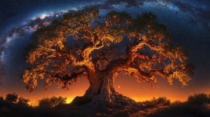 Trees shine in the sky on a starry night