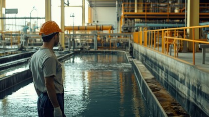 Wall Mural - A man in a hard hat stands in front of a large body of water