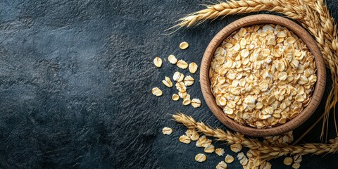 Wall Mural - A Wooden Bowl Filled with Oat Flakes Next to Wheat Stalks on a Dark Textured Surface Showcasing Healthy Grains Ready for a Nutritious Meal Preparation