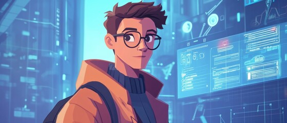 Smiling Young Man in Orange Jacket Amidst Futuristic Digital Interface