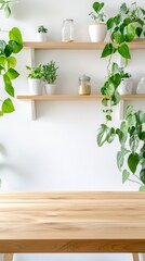 Poster - Empty wooden table in a modern and stylish kitchen with various plants and jars displayed on shelves, creating a fresh and inviting atmosphere