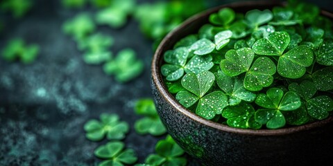 Wall Mural - A rustic ceramic bowl brimming with fresh, dew-covered clover leaves amidst an artistic spread of clovers on a dark textured surface.