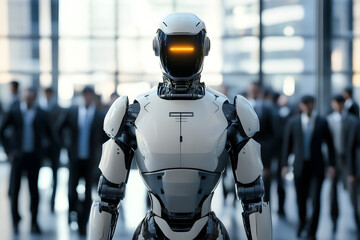 Wall Mural - A sleek, futuristic robot stands out in a crowd of blurred people, representing the integration of technology and society