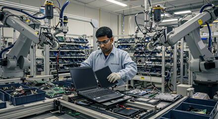 Indian Male Worker Disassembling Old Laptops To Recycle Electronic Components For Microchip Production At Automated Electronics Factory With Robotic Arms. Man Unscrewing Displays , Sorting Them