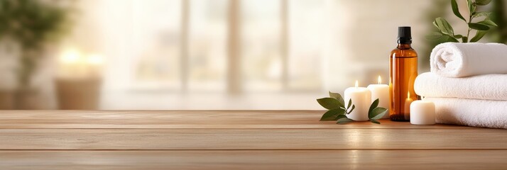 Poster - Essential oil bottle, white towels, candles and green leaves creating relaxing spa atmosphere on wooden table against blurred bright window