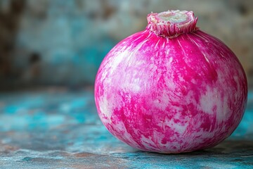 Wall Mural - Close-up image of a vibrant, fresh red onion with a richly textured peel on a rustic background, showcasing natural colors and patterns in a kitchen setting.