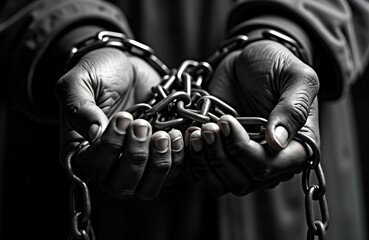 Close-up view of person hands shackled with chains. Dark background. Powerful image conveys struggle, hardship. Theme social issues, slavery, human rights. Emotional, dramatic presentation. Possible