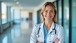 © Viktor - Female medical pro smiles confidently in modern medical facility hallway. Professional healthcare worker with stethoscope stands ready for assistance. Modern hospital setting demonstrates dedication