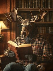 Poster - Moose wearing reading glasses enjoys a book in a cozy vintage library filled with wooden bookshelves and soft lighting. Generative AI