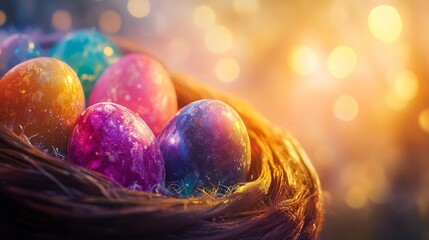 Easter eggs nestled in woven basket. Spring background