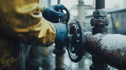 Wall Mural - A man in a yellow jacket is working on a pipe