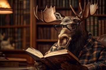 Poster - Moose reading a book while wearing reading glasses in a vintage library filled with old books and wooden shelves. Generative AI