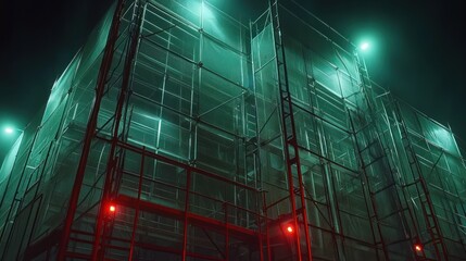 Wall Mural - night scene of building under construction, shrouded in green light and scaffolding.