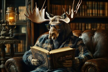 Poster - Moose in reading glasses enjoying a book in a vintage library with warm lighting and old wooden shelves. Generative AI