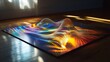 © Elena - Colorful abstract waves create a vibrant optical illusion in a dimly lit room at sunset