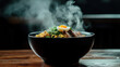 © MP_Artworks - Side view of a steaming bowl of ramen, topped with a perfectly soft-boiled egg, tender chashu pork, and nori, creating a flavorful and comforting Japanese dish.