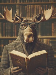 Poster - Moose wearing reading glasses enjoys a book in a vintage library filled with shelves of old books. Generative AI