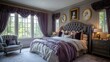© cynz - A luxurious bedroom with soft lavender drapes, deep charcoal gray furniture, and brass lighting, opulent and serene