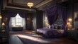 © cynz - A luxurious bedroom with soft lavender drapes, deep charcoal gray furniture, and brass lighting, opulent and serene