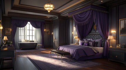 A luxurious bedroom with soft lavender drapes, deep charcoal gray furniture, and brass lighting, opulent and serene