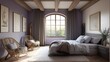 © cynz - Scandinavian-inspired room with lavender walls, charcoal gray curtains, and wooden decor, calm and airy