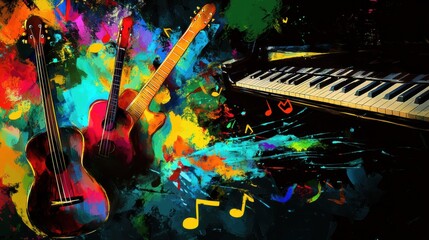 Poster - Creative energy flows from scattered guitars, piano, and colorful musical notes in an artistic expression of sound. Generative AI