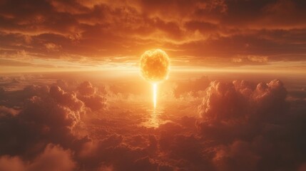 Wall Mural - Fiery meteor falling, sunset cloudscape, apocalyptic scene, game asset