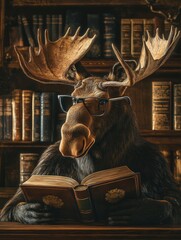Poster - Moose in reading glasses examines a book in a vintage library filled with classic literature. Generative AI