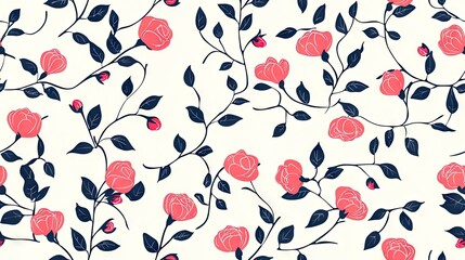 Canvas Print - Pink roses, vines, leaves, floral pattern, cream background, textile design