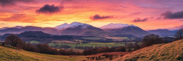 Aufkleber - Majestic mountain peaks illuminated by the warm hues of sunrise over a tranquil valley in a serene landscape. Generative AI