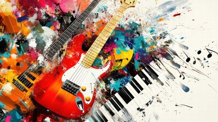 Poster - Musical instruments in vibrant colors depicting creative energy and rhythm among guitars and piano keys. Generative AI