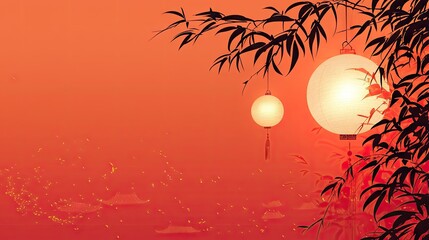 Wall Mural - Sunset lanterns hanging from bamboo, peaceful Asian scene, ideal for cards