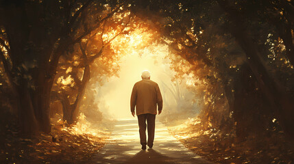 Wall Mural - An older man walking towards the light at the end of a dark tunnel, his figure illuminated by the soft glow, representing the journey to hope after life. Shadowfern. Illustration