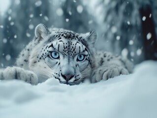 snow leopard stalking in a snowy landscape, its piercing blue eyes fixed on a target, with snowflake