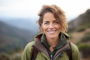 Wall Mural - Portrait of smiling woman hiker looking at camera on mountain peak