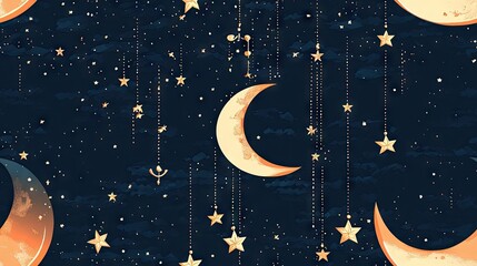 Wall Mural - celestial night, crescent moons, stars hanging, dreamy clouds, background fabric design