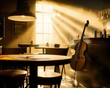 © nitiroj - Smoky jazz bar, golden light filtering through heavy haze, detailed retro-style furniture and instruments glowing in atmospheric charm